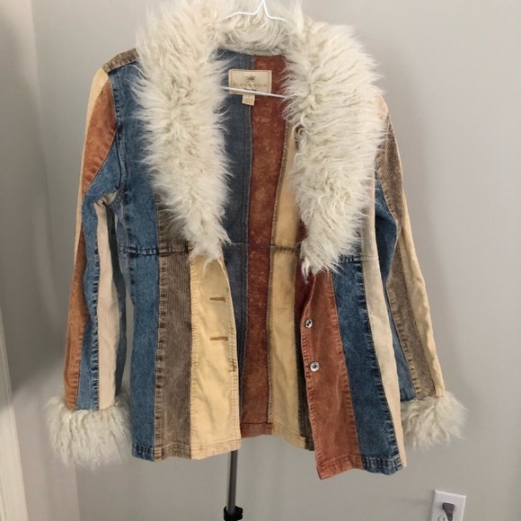 blanc noir Jackets & Blazers - Vintage Mixed Media Jacket Faux Fur Denim Corduroy